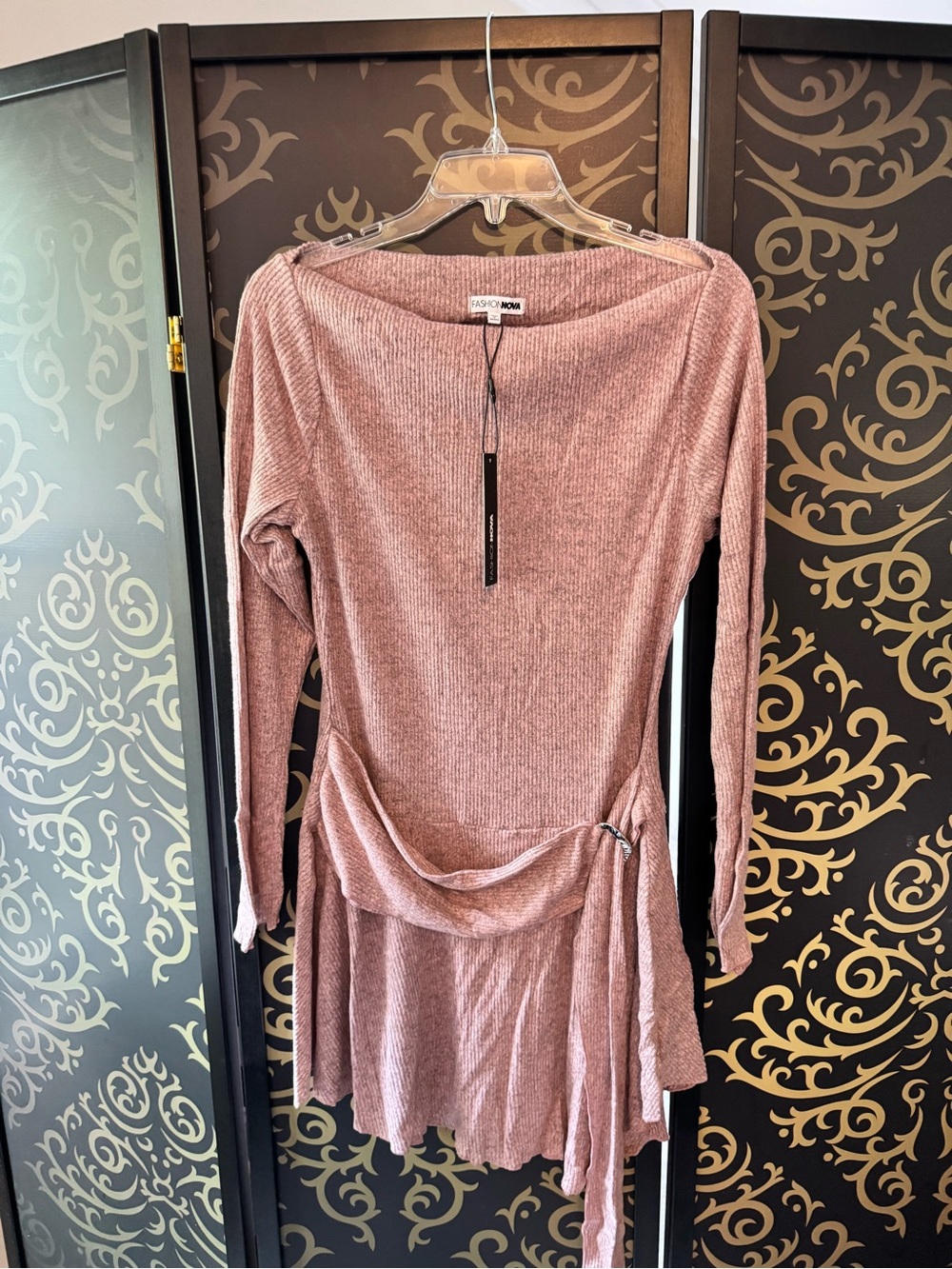 Fashion Nova Mauve Ribbed Mini Dress with Side Drape